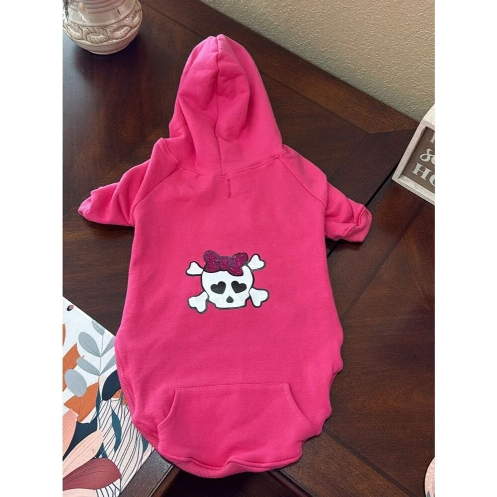 DOG HOODIE PINK FLEECE LINED HOOD POCKET SKULL GLITTER BOW GRAPHIC